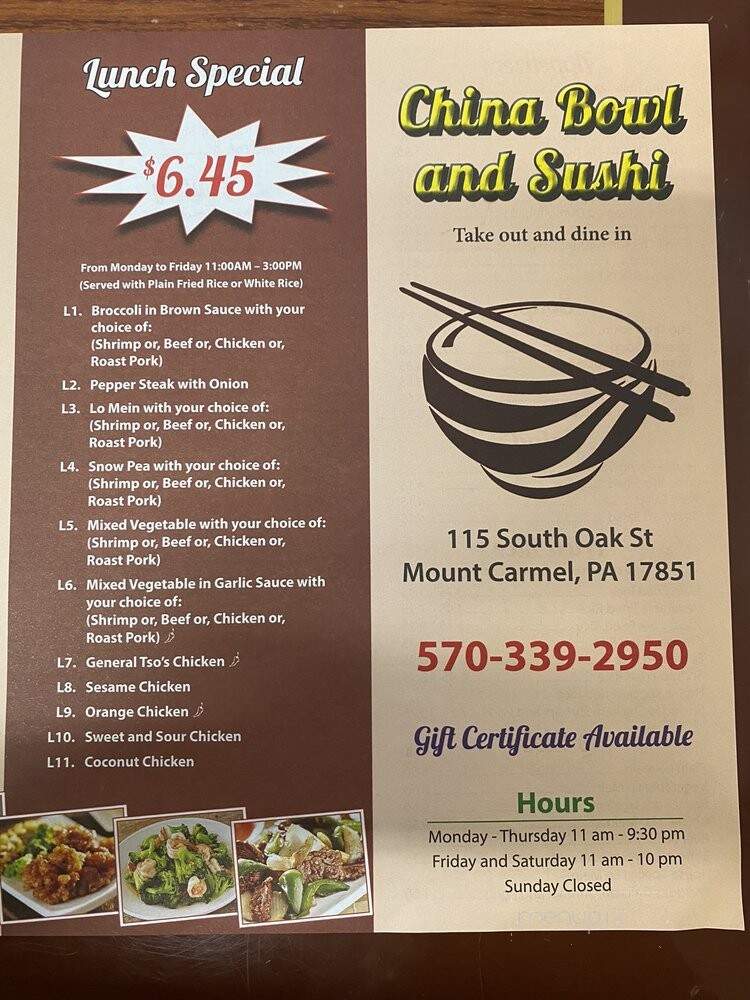 China Bowl and Sushi - Mount Carmel, PA