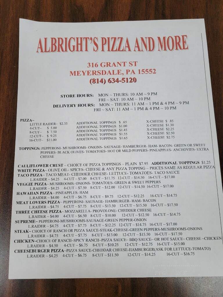 Albright's Pizza & More - Meyersdale, PA