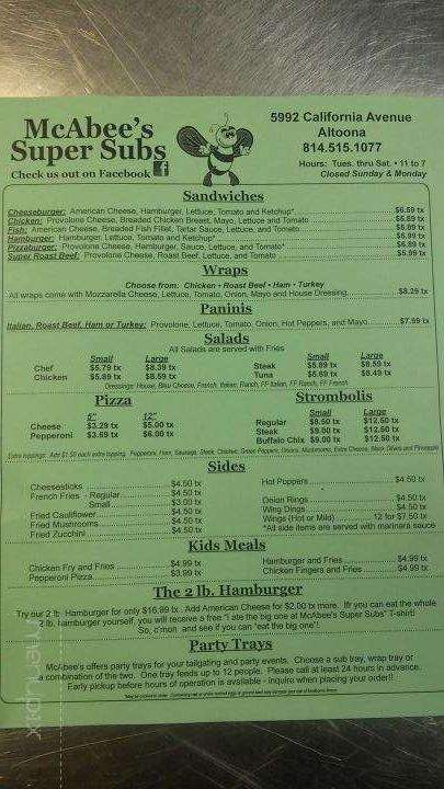 McAbee's Super Sub. Menus - Altoona, PA